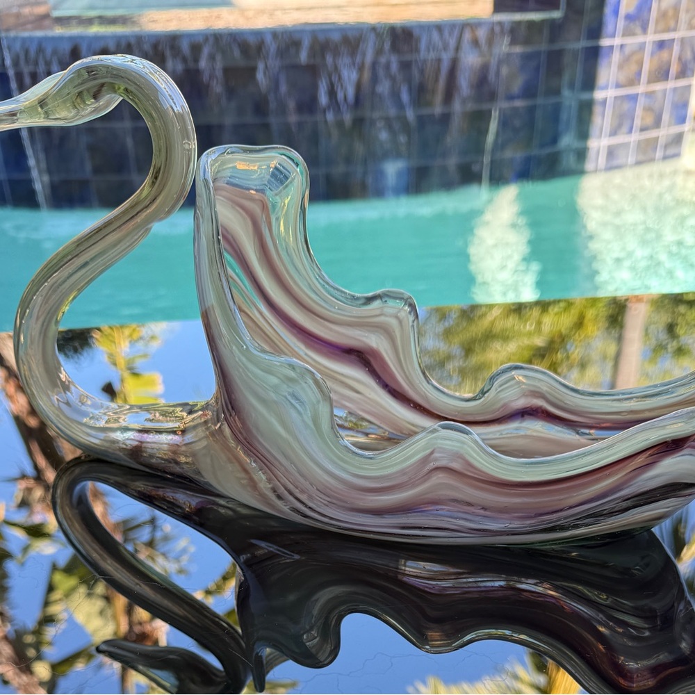 Vintage Large Hand Blown Art Glass Swan Centerpiece Candy Bowl MCM